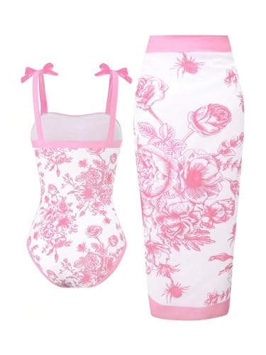 Image of SHENHE Girl's Floral One Piece Swimsuit with Cover Up Sarong Wrap Tie Bow Cute Bathing Suits