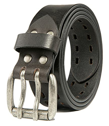 BG247 Men's Handmade Leather Casual Belt with Double Prong Buckle