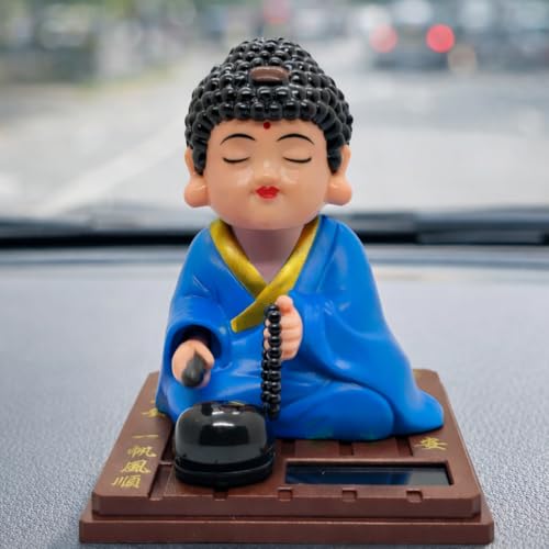 Image of Solar-Powered Moving Head Buddha Statue| Feng Shui Monk Figurine for Positive Energy, Peace & Prosperity | Shaking Head Buddha Idol for Car Dashboard, Home & Office Decor (Blue)