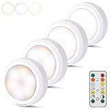 LEDライト 4個セット 電池式 キッチンライト HOLKPOILOT 明るさ調整 昼光色/電球色/温白色に切り替え 切タイマーで自動消灯 リモコン付き 小型 手元ライト 直径9cm 単3電池3本 (別売) 貼り付け照明 取付簡単 省エネ 防災 節電対策 枕元/本棚/ワードローブ照明 モデルHP1001