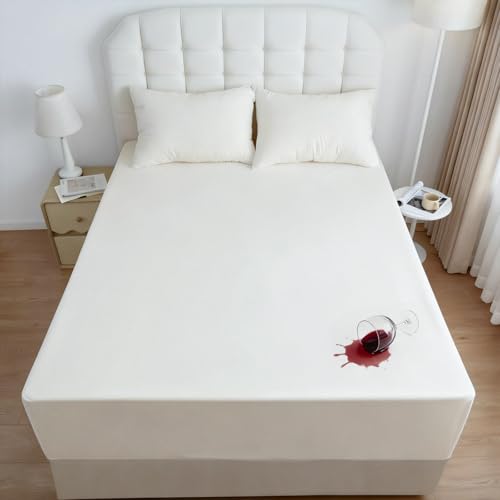 RestTwill Waterproof Mattress Protector – Quiet TPU Protection, Soft Breathable Surface, Deep Pocket Secure Fit, Durable & Machine Washable Mattress Cover for Kids and Pets (White, Queen)