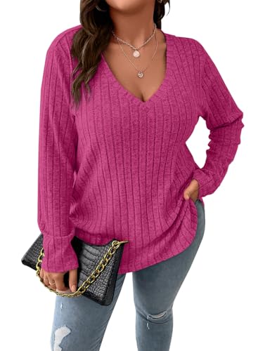 Image of Koscacy Women Plus Size Casual Knit Sweater V Neck Solid Color Tops Lightweight Long Sleeve Blouses