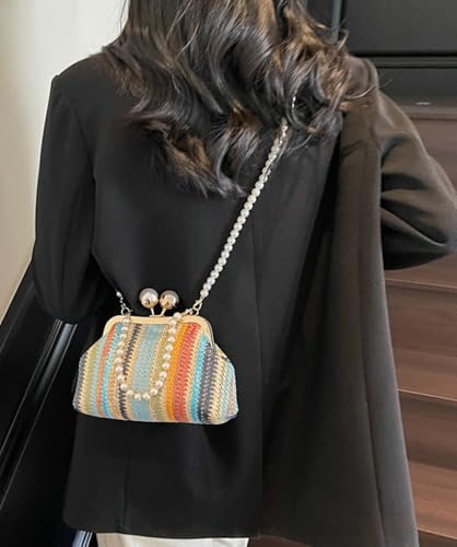 Straw Woven Shell Bag Women Kiss Lock Pearl Top Handle Handbag Summer Colorful Rainbow Striped Shoulder Tote4