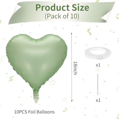 Image of Sage Green Heart Balloon, 10PCS Green Foil Heart Balloons, 18inch Olive Green Heart Shape Balloons for Helium Birthday Party Decorations for Jungle Brithday Party, Valentines Day, Wedding, Anniversary