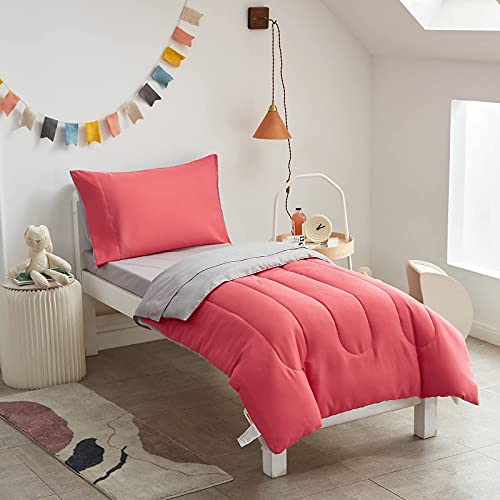 Image of UOZZI BEDDING 4 Pieces Toddler Bedding Set Ultra Soft and Breathable Toddler Sheet Set - Includes Comforter, Flat Sheet, Fitted Sheet and Pillowcase - Red & Gray