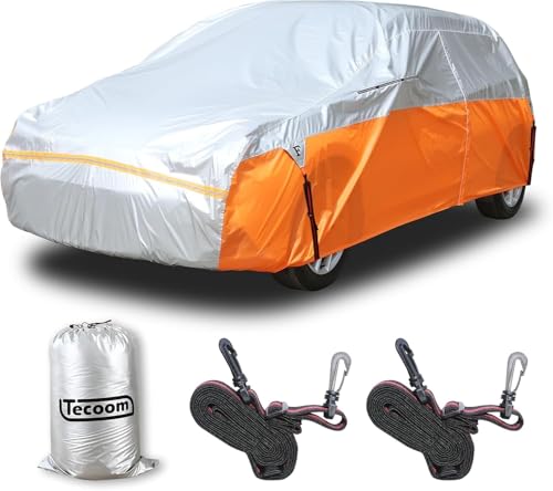 Image of Tecoom Waterproof All Weather Hatchback Car Cover, Universal Full Exterior Cover with Detachable Gust Straps, Fit for Toyota Corolla, Ford Focus, Chevrolet Sonic (160 inch-172 inch)