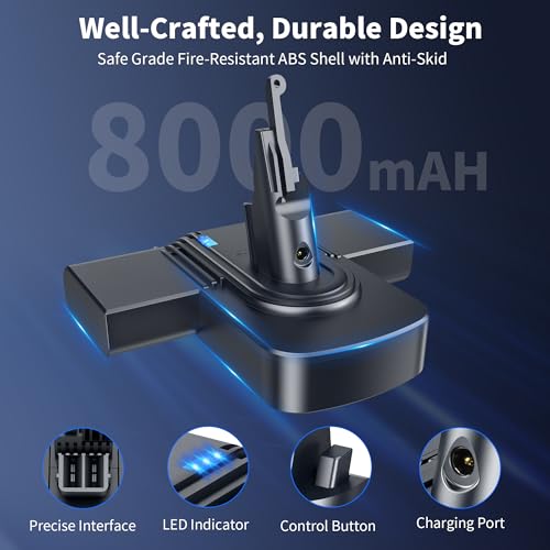 Image of 8000mAh Dyson V8 Replacement Battery, 21.6V for SV10 Cordless Vacuum | Li-ion Battery, Long Runtime, Multi-Safety Protection, Tool-Free, Dual Charging, Fits V8 Animal, Absolute, Fluffy, Motorhead