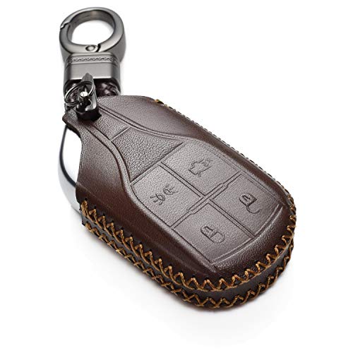 Image of Vitodeco Genuine Leather Smart Key Fob Case Cover Protector with Key Chain Clip - Compatible for Maserati Ghibli, Levante, Quattroporte - Light Button, Brown