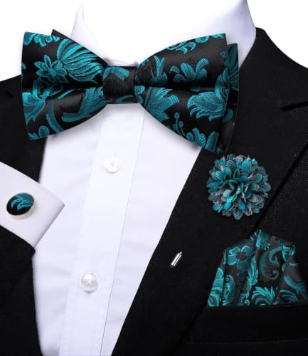 Image of Dubulle Mens Paisley Striped Bowtie Set Pre-tied Bowtie for Men and Pocket Square Set Wedding Business