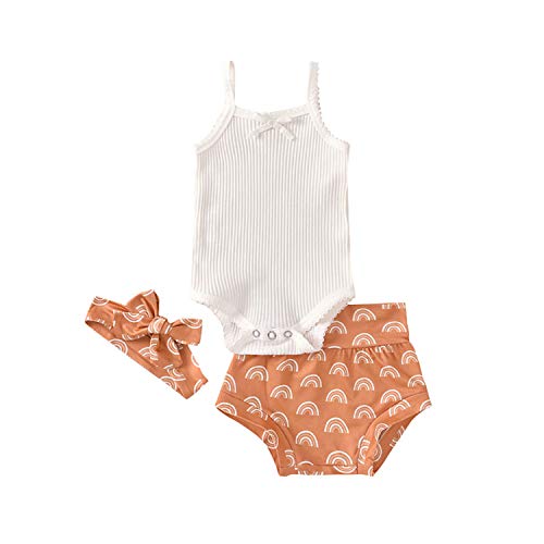 Image of Easisim 3pcs Newborn Baby Girls Shorts Sets Cotton Sleeveless Romper Jumpsuit Bodysuit + Shorts + Headband Outfit Set