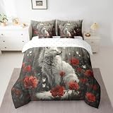 Homewish Twin Size 7 Piece Bedding Sets Red Rose Fox Comforter Set Butterfly Bed Sheet Rustic Style Reversible Printed Quilt Set + Flat Sheet + Fitted Sheet + 2 Pillowcase + 2 Throw Pillow Covers