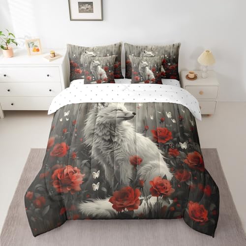 Homewish Twin Size 7 Piece Bedding Sets Red Rose Fox Comforter Set Butterfly Bed Sheet Rustic Style Reversible Printed Quilt Set + Flat Sheet + Fitted Sheet + 2 Pillowcase + 2 Throw Pillow Covers