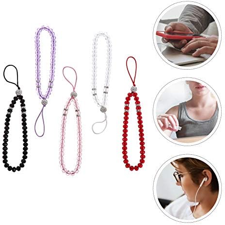 iplusmile 5pcs Non-slip Phone Lanyards Crystal Beads Hand Wrist Strap Short String Phone Supplies