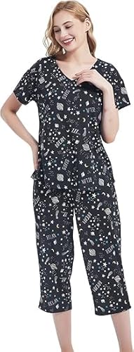 CHUNG Women Cotton Blend Pyjamas Set Short Sleeve Top Capri Pants Plus Size S-3XL Sleepwear Nighties,Capri Galaxy,3XL