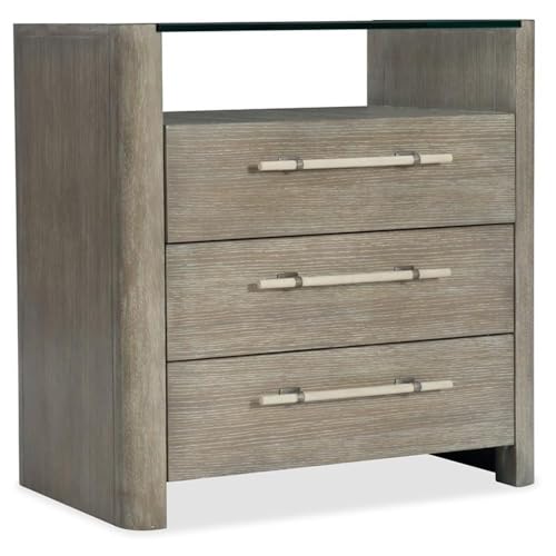 BOWERY HILL Modern Bedroom Nightstand, 3 Drawers, Glass Top Shelf, Greige Sand-Blasted Quartered Oak Veneers, Cream and Pewter Bar Pulls, Touch Dimmer Switch, Transitional Style for Bedroom Use