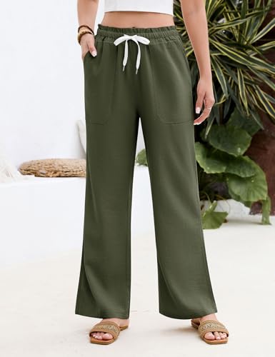Fashora Pantalon Femme Été Fluide Pantalons Taille Haute Elastique Pantalons Décontractés Ample Droites Longueur Palazzo Pants Léger Chic et Elegant avec Cordon Poches (Vert, L) – vue 2
