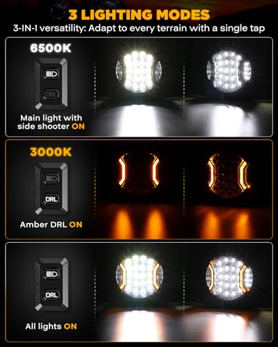 Image of Auxbeam V-Ultra Series 9 inch Round LED Auxiliary Lights Offroad Lights 2-Pack | 270 Lighting Angle, Side Shooter Optics, Amber DRL, Hyper Spotlight, 300W 35600LM, for Jeep Ford Truck SUV ATV RZR 4x4