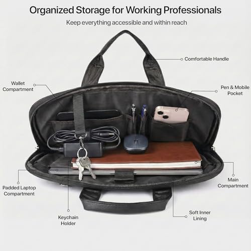Image of RIONTO Elite Vegan Leather Laptop Bags for Men Office Use | Upto 15.6 inch | Expandable Bottom | Mobile & Pen Compartment with Multiple Organizers | Professional Office Bag for Man & Women - Black