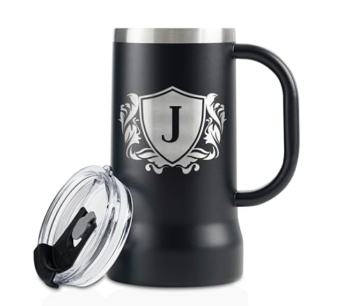 Onebttl Personalised Beer Stein – Custom Monogram Beer Mug with Handle, 24oz Double-Walled Stainless Steel – Gift for Beer Lovers, Dad, Him – Birthday, Holiday - Letter J
