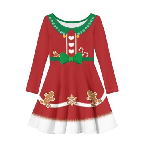 PinUp Angel Cute Christmas Red Green Santa Print Girls Long Sleeve Dress Cute Casual Party Skater Dress for Kids in 5 to 16 Years Birthday Gifts