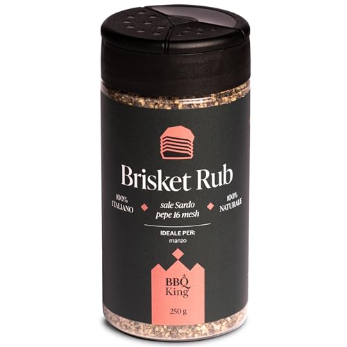 BBQ KING, Brisket Rub Envase de 250 g, adobo seco para barbacoa ideal, para carne de vacuno y barbacoas texanas, set de especias para cocina 100% Made in Italy, mezcla técnica para cocción prolongada