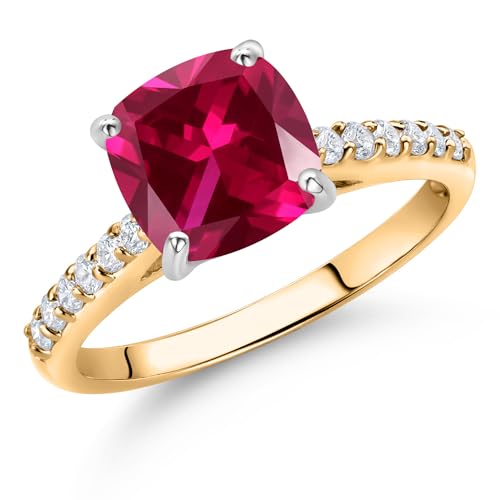 Gem Stone King 10K Yellow Gold 8MM Cushion Cut Red Created Ruby and White Lab Grown Diamond Engagement Ring For Women (2.68 Cttw, Available In Size 5, 6, 7, 8, 9)2