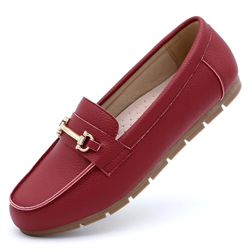 Image of Genuine Leather Loafers for Women Driving Moccasins Business Casual Work Shoes Comfortable & Lightweight Womens Dress Flats Slip On Shoes