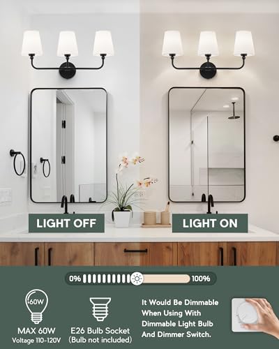 Image of Bathroom Light Fixtures, Matte Black Vanity Lights with Flared White Fabric Shade, 3 Light Wall Sconce, Modern Sconces Wall Lighting for Hallway Bedroom, VL837-MB-3