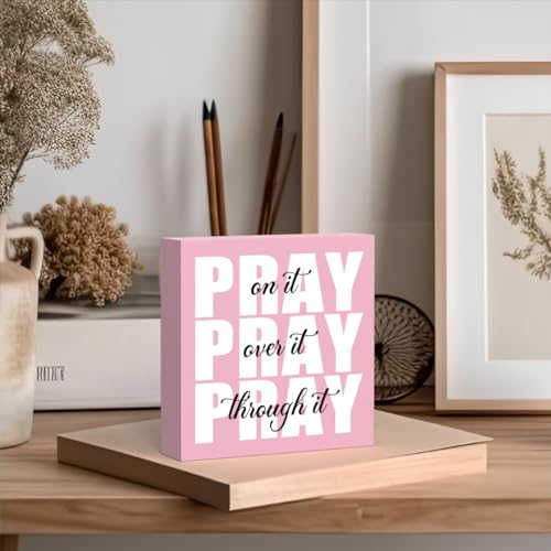 Krollma Pink Office Desk Accessories Decor Sign, Pink Dorm Room Decor for Women, Bathroom Decoration, Inspirational Christian Gifts for Women Boss, Pray on it Wooden Sign Bible Verse Wall Art