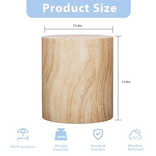 Royal Windsor Outdoor Side Table for Patio, Faux Travertine Cylindrica, Stylish Beige Stone Design, Lightweight Durable Accent Table for Living Room, Garden, or Porch