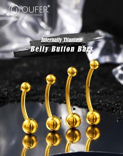 OUFER Titanium Belly Button Rings, Gold Belly Rings, Internally Threaded Navel Piercing Jewelry, Long Belly Piercing Jewelry, Curved Barbell, Belly Rings For Women Men2
