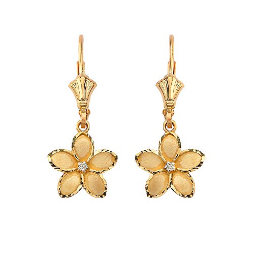 Dainty 14k Yellow Gold Hawaiian Flower Plumeria Diamond Dangle Earrings (1.0