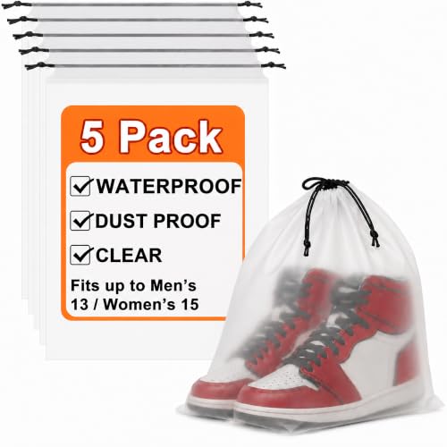 BOFOHO 5 Pack Clear Shoe Bags for Travel Essentials 15.711.8 PEVA Drawstring Water-Resistant Fits up to Mens 1213 Reusable Storage for Clothes & Toiletries Keep Luggage Tidy & Odor-Free