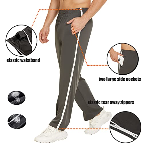Deyeek Mens Tear Away Basketball Pants 2 Side Zippers Snap Off Full Open Down Sweatpants Leg Post Surgery Pant With Pockets Grey #TOP2
