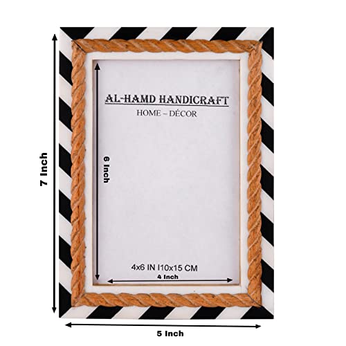 Al-Hamd Handicraft Black White Chevron Picture Frame -Mosaic Moroccan Pattern Resin Inlay Handmade - Hang Or Sit 4X6 Inch #TOP3