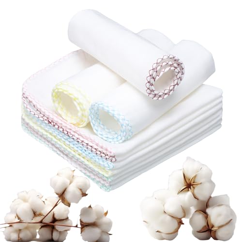 Lanjue 10 Pcs Muslin Face Cloths 12 x 12 Inch Cotton Muslin Cloths Muslin Pack Facial Towels Reusable Cleansing Cloths Remover for Makeup Removal Facial Face Cleaning(Multicolor Edge)