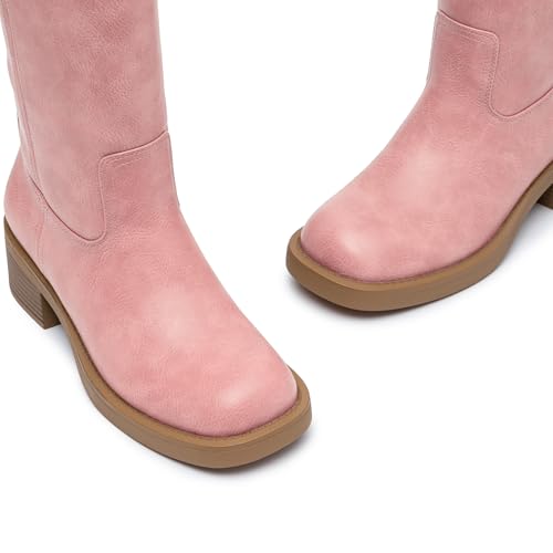 Athlefit Women's Pink Knee High Boots Square Toe Tall Riding Boots Pull On Chunky Low Heel Long Booties Size 8 — view 6