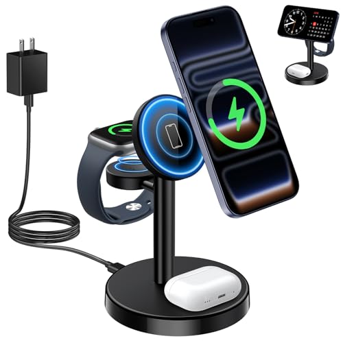Image of Aeinidi 2026 3 in 1 Wireless Charging Station Compatible with MagSafe Charger Stand, 15W Fast Magnetic Mag-Safe Charger for iPhone 17 16 15 14 13 12 Series Apple iWatch AirPods Pro 4 3 2, Black