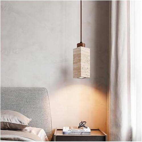 Cylindrical Yellow Travertine Pendant Light Japanese Wood Accent Hanging Lamp