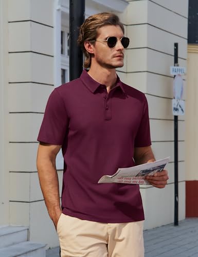 Cotrasen Polo Shirts for Men Short Sleeve Cotton Pique 3 Buttons Golf Classic Fit Casual Performance T-Shirt Wine Red L — view 3