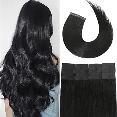 Tape in Hair Extensions Jet Black 100% Remy Human Hair Extensions Silky Straight for Fashion Women 20 Pcs/Package(18Inch #1 40g)