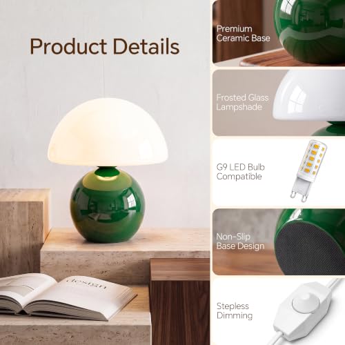 Image of Dawnwake Mushroom Lamp Table Lamp for Bedroom-Small Table Lamps,Dark Green | 8.7 inch Mid Century Modern Table Lamps for Living Room Bedroom Decor,Cute Ceramic Lamps for Mushroom Home Room Decor,Glass Shade