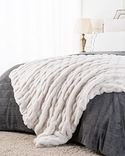 Luxury Concepts Lightweight Faux Rabbit Fur Throw Blanket, Ruched Elegant Wrinkle Resistant, Anti-Static And Washable For Couch Sofa Bed, 50" X 60" In (Off White) #TOP2
