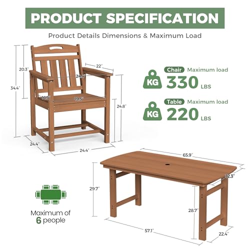 Image of HDPE Outdoor Dining Set, Patio Table and Chairs Set, All-Weather 7-Piece Outside Table and 6 Chairs, 2 inch Umbrella Hole, Outdoor Furniture for Garden, Poolside, Backyard, Deck | Teak
