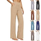 WUSENTOF Leinenhose Damen Sommer Lang Palazzo Hose Leicht Einfarbig Sommerhose Bequem Strandhose Weite Bein Hosen Elegant Baumwolle Leinen Freizeithose mit Taschen Stoffhose Jogginghose Freizeithose