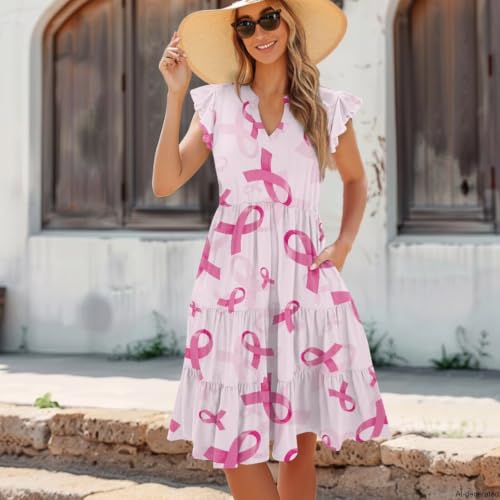 Image of Women's Casual Ruffle Sleeve Dress V Neck Pullover Dress Flowy A-Line Pleated Lightweight Dress with Pockets