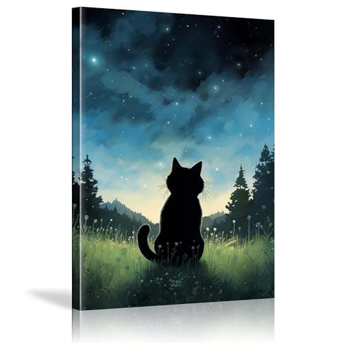 Impression sur toile chat noir par animal la nuit étoilée grand format
