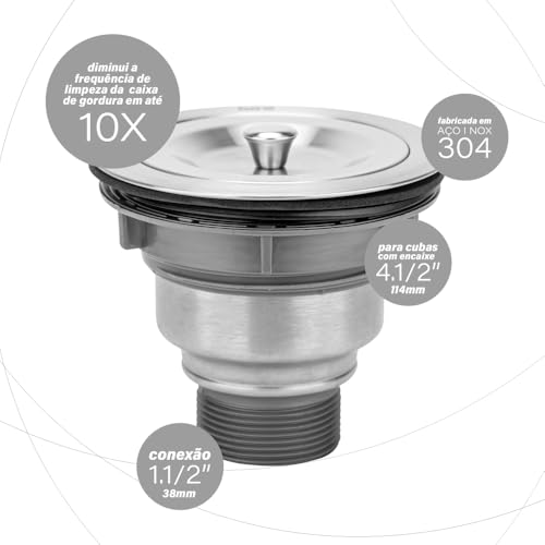 Válvula Cuba Pia Cozinha 4 1/2 Inox 304 Iura Korb Com Cesto Removível Ralo