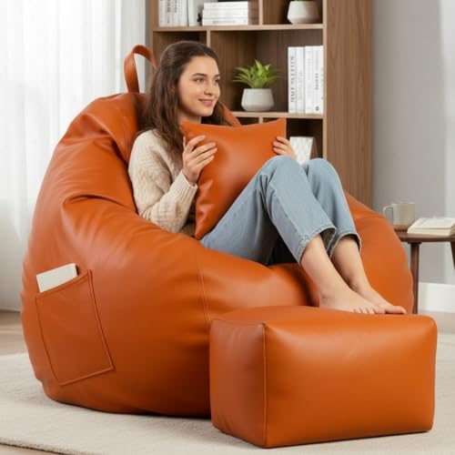 Image of KAM'S LIEU 5XL Luxury Faux Leather Bean Bag with Footrest & Cushion | Pre-Filled High-Density Polystyrene Beans | Premium Leatherette | 6 Months Warranty Color- (Orange, Without Footrest)