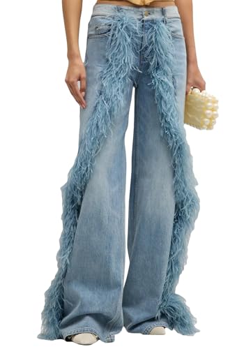 DINGANG Women's Casual High Waisted Straight Leg Jeans Feather-Trim Denim Baggy Stretchy Trousers Pants